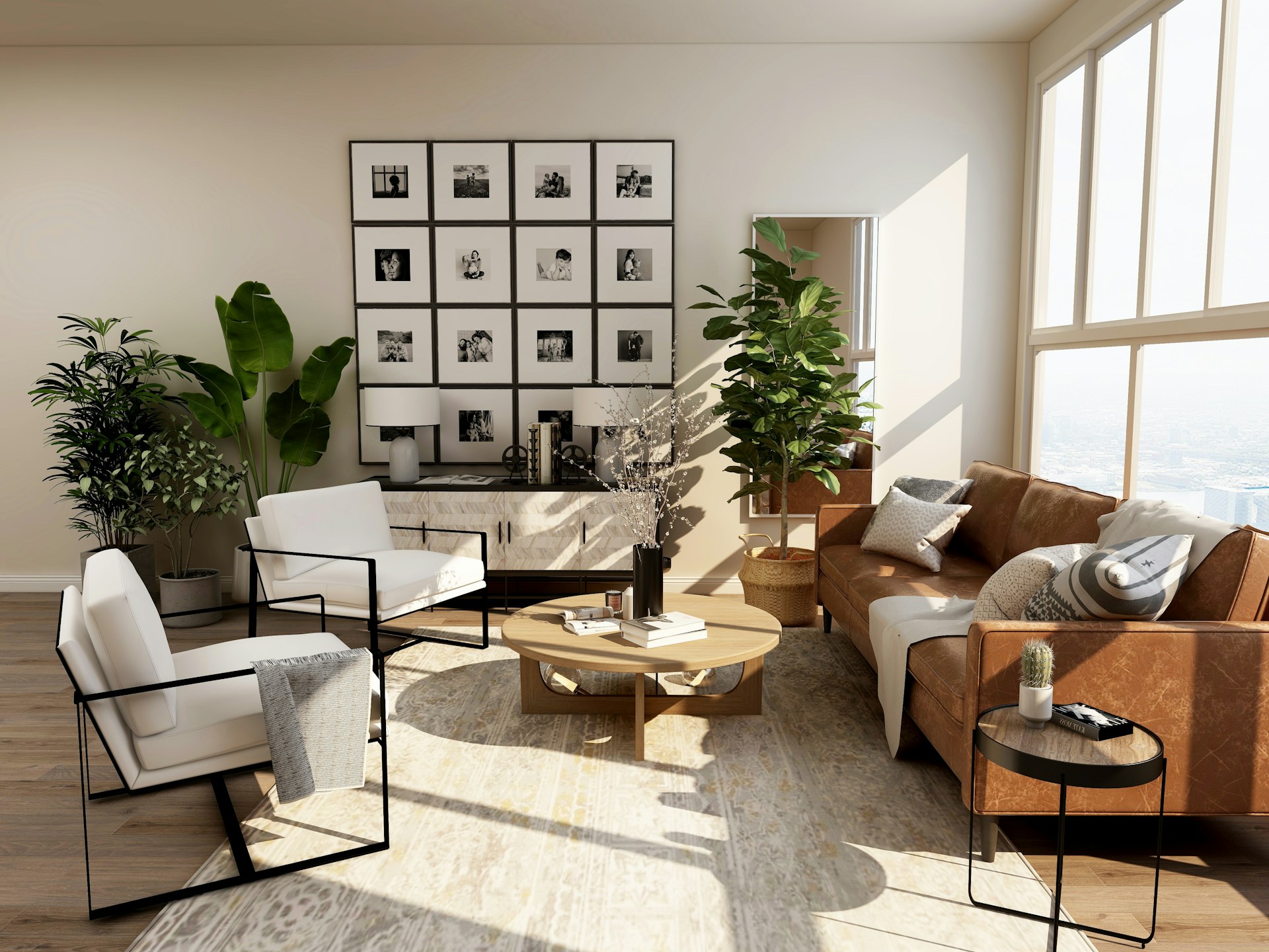 Warm contemporary living room with natural wood, soft seating and abundant daylight
